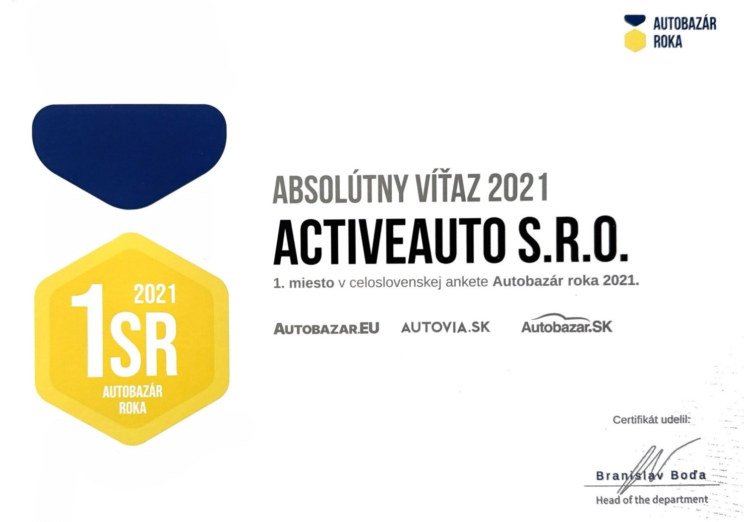 Certifikát Absolútny víťaz 2021