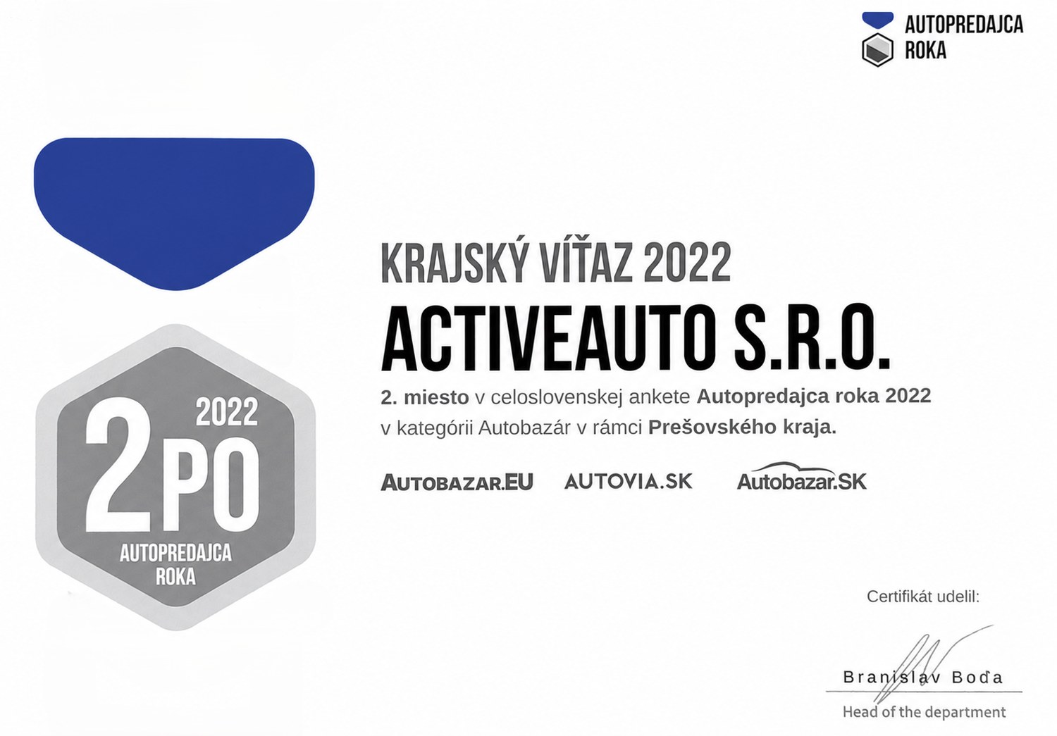 Certifikát Krajský víťaz 2022