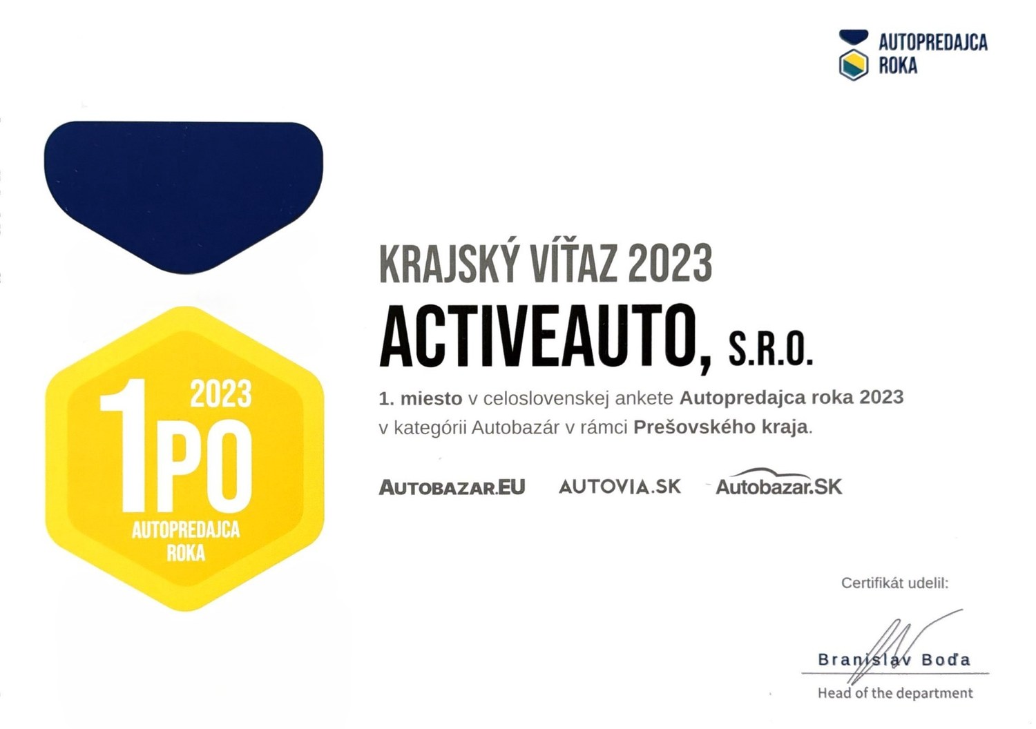 Certifikát Krajský víťaz 2023