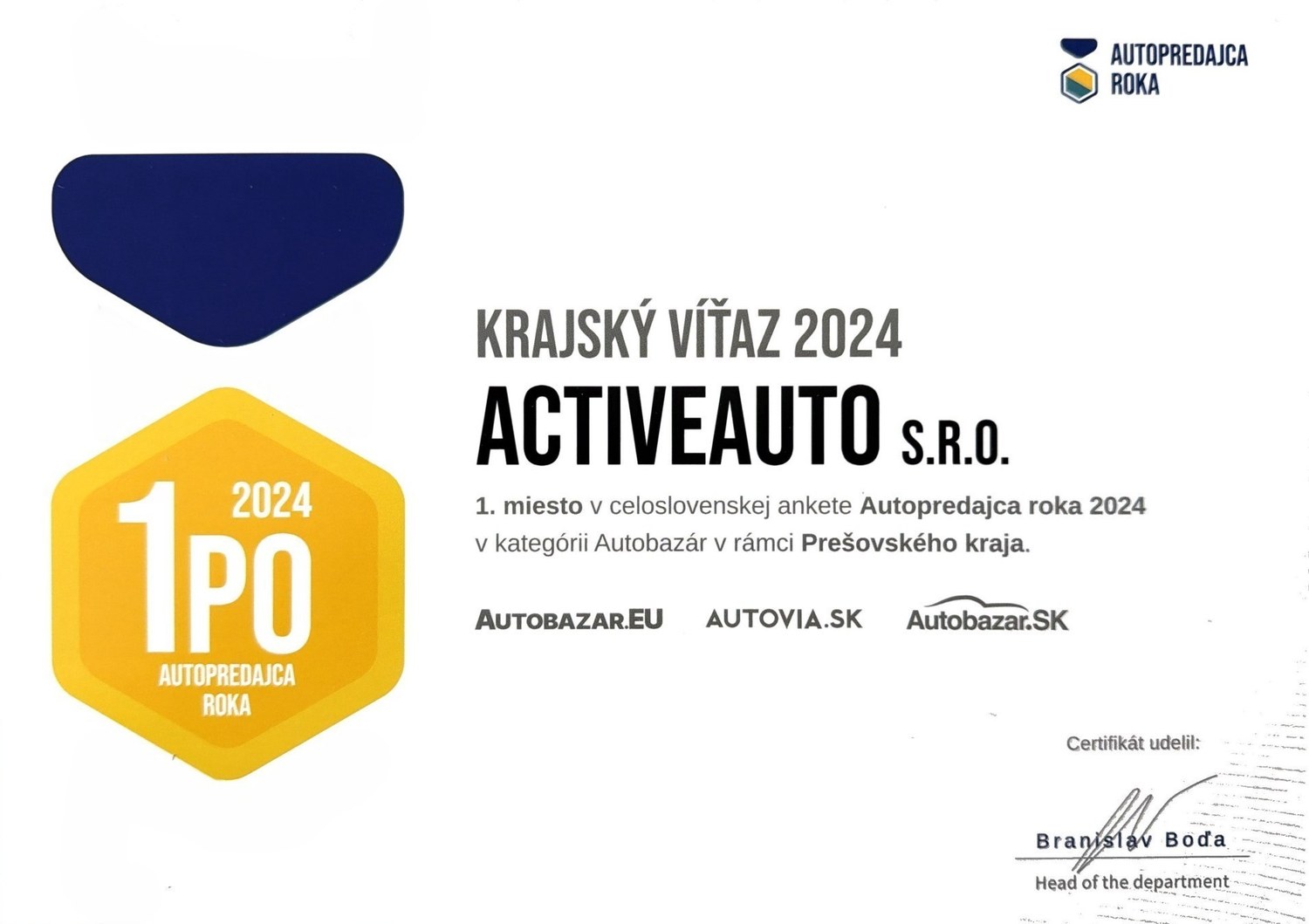 Certifikát Krajský víťaz 2024
