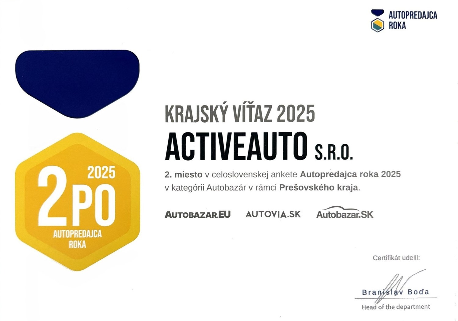 Certifikát Krajský víťaz 2025
